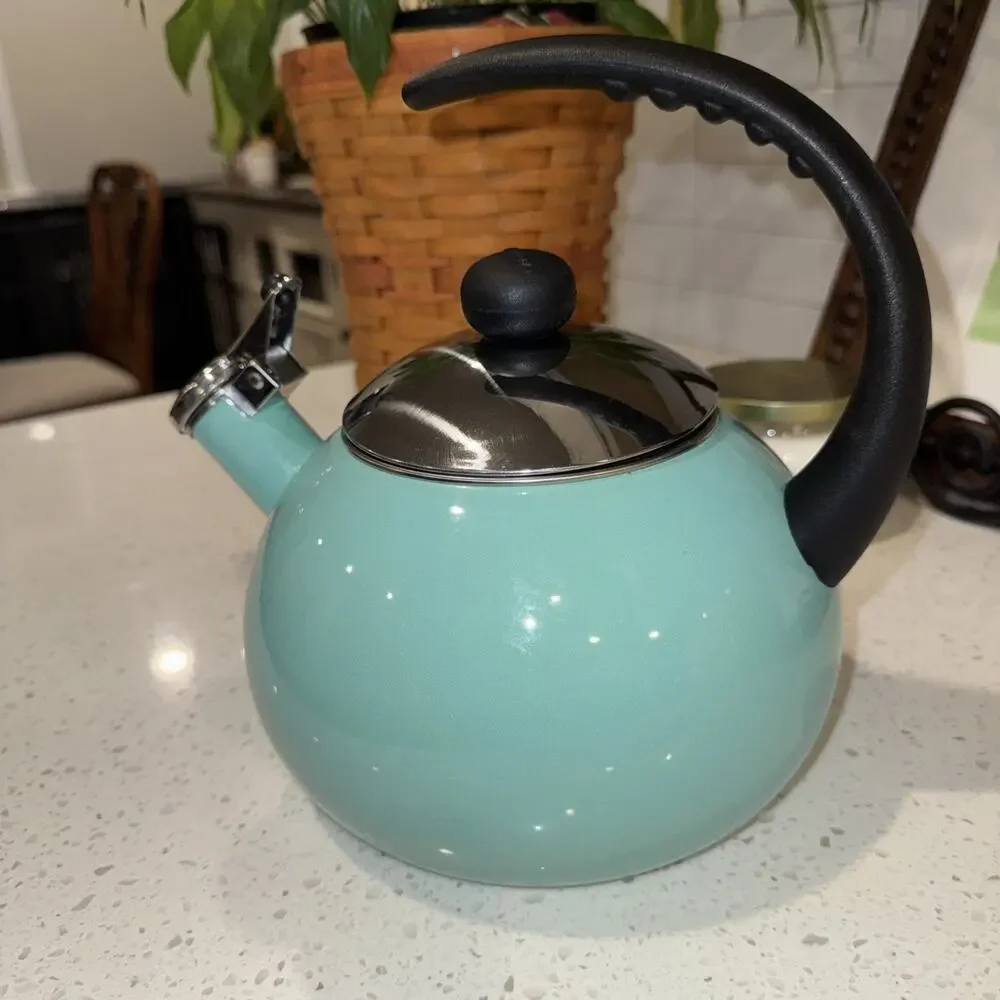 Farberware Luna 2.5-quart whistling kettle in aqua turquoise